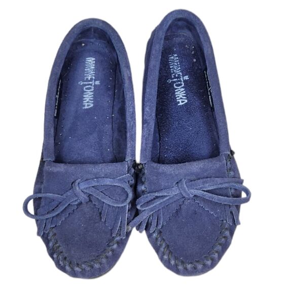 Minnetonka Moccasin Shoes Women's Kilty Hardsole Suede Blue Flat Tassel Bow 6 - Picture 4 of 12
